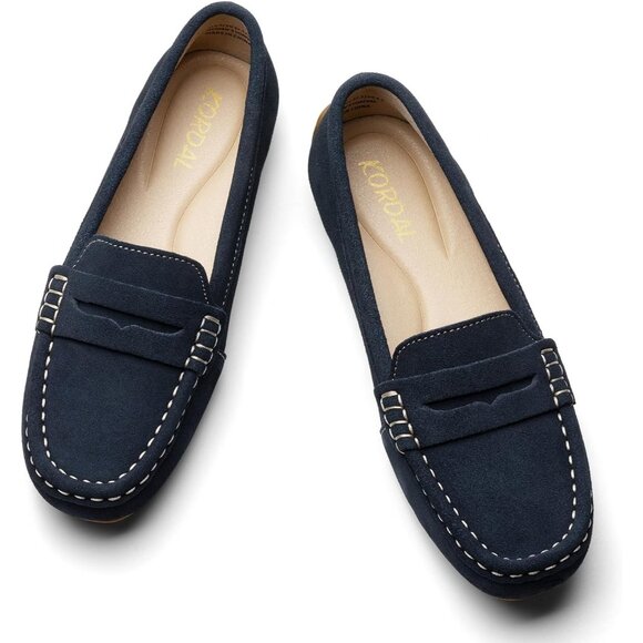 Kordal Women's Navy Suede Gold Accent Buckle Slip-Ons Walking Flats Loafers - Picture 7 of 9